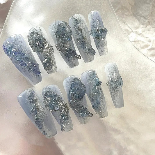 Blue dream butterfly false nails Handmade crystal diamond