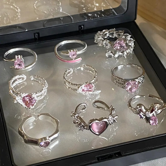 Pink Love Zircon Gem Ring Women's Gentle Temperament, Small Design, Adjustable Opening, Girl Friend Ring Women