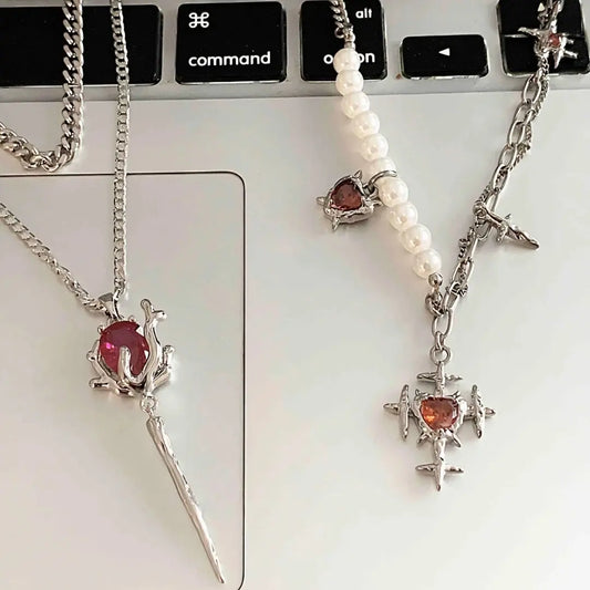 Double irregular ruby creative double-layer chain stacking necklace