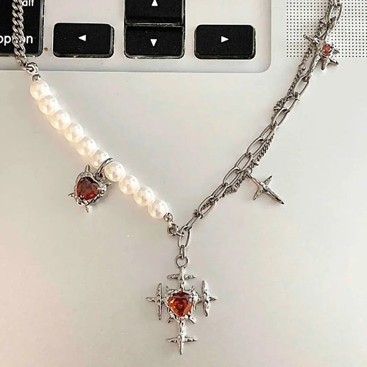 Double irregular ruby creative double-layer chain stacking necklace