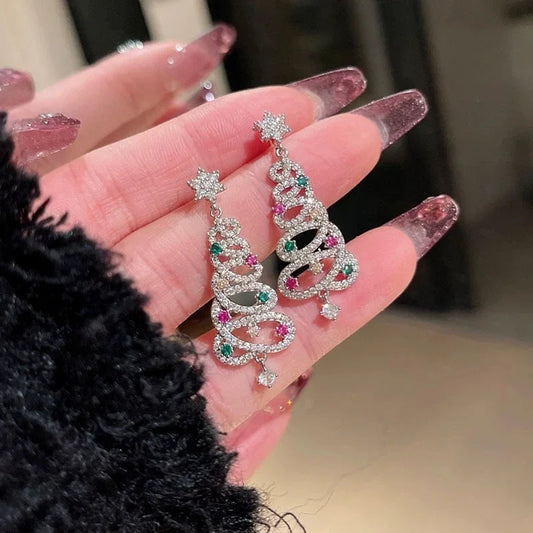 Christmas Earrings Premium Sense Colorful Zirconia Full Diamond Christmas Tree Earrings