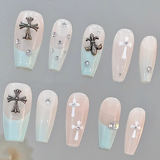 BF5 Mint Green Chipped Diamond Knot Heart Refreshing Spice Girl Style Manual Light Therapy Customized Wearing Nail Enhancement Removable Nails