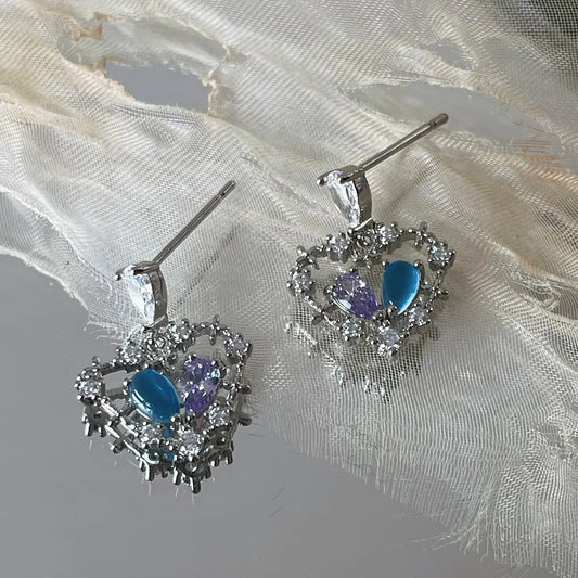 Blue cat's eye stone slightly inlaid with zircon love earrings, delicate and high-grade, 925 silver needle, simple water drop design, female
