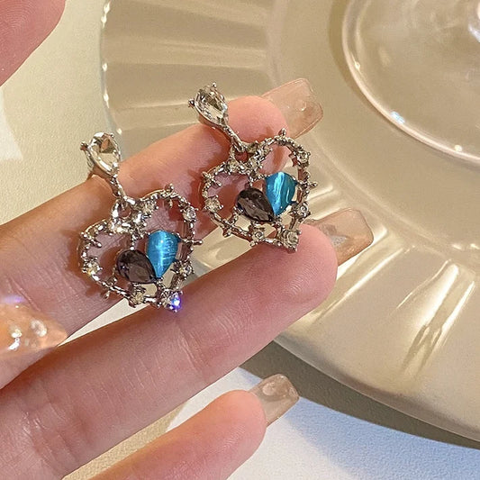 Blue cat's eye stone slightly inlaid with zircon love earrings, delicate and high-grade, 925 silver needle, simple water drop design, female