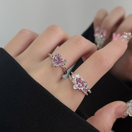Pink Diamond Love Ring Female Fashion Light Luxury Small Popular Design Ring Fashion Personality Opening Adjustable Index Ring