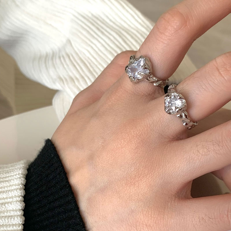 S925 Sterling Silver Zircon Irregular Tin Paper Ring ins Cool Style Advanced Temperament Does Not Fade