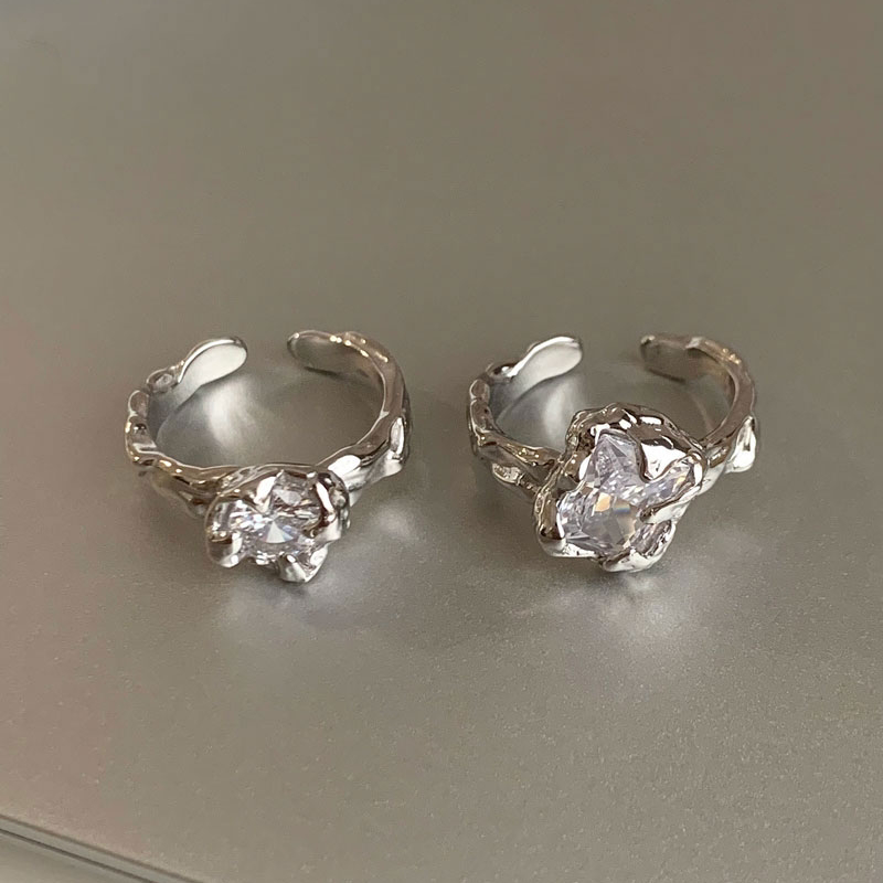 S925 Sterling Silver Zircon Irregular Tin Paper Ring ins Cool Style Advanced Temperament Does Not Fade