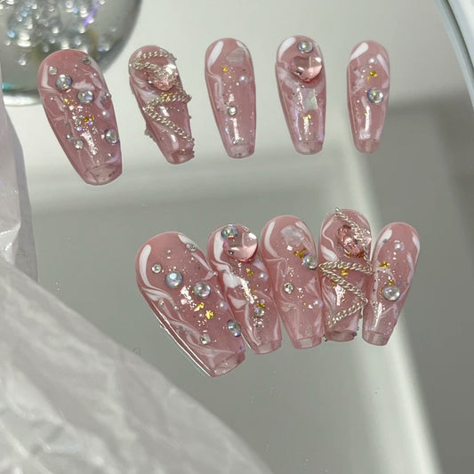 French Nail Wearing Plaster Gel Rose Wearing Nail Enhancements Medium and Long Nail Patch for Students and Pregnant Women