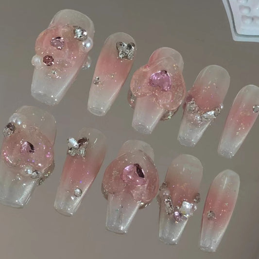 Y2K beautiful girl's heart style wearing nail patch pure manual wearing nail removable reusable