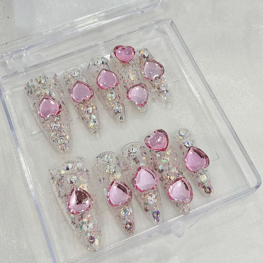 Tiankudui Drill-through Nail Wearing Y2K Spice Girl Heavy Industry Love Pearl Shining Handmade Removable Nail Patch