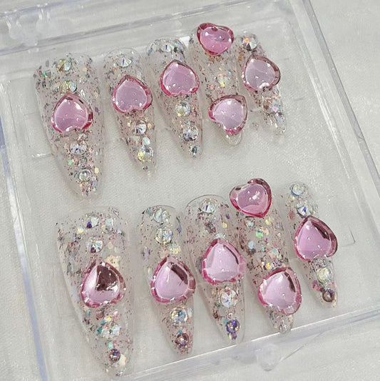 Tiankudui Drill-through Nail Wearing Y2K Spice Girl Heavy Industry Love Pearl Shining Handmade Removable Nail Patch