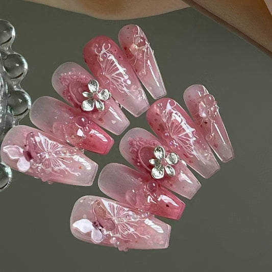 Nethong wear the same type of manicure finished patch, broken diamond ribbon butterfly removable false nail bride nail patch