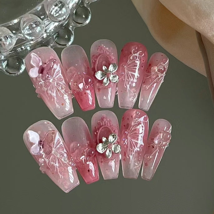 Nethong wear the same type of manicure finished patch, broken diamond ribbon butterfly removable false nail bride nail patch