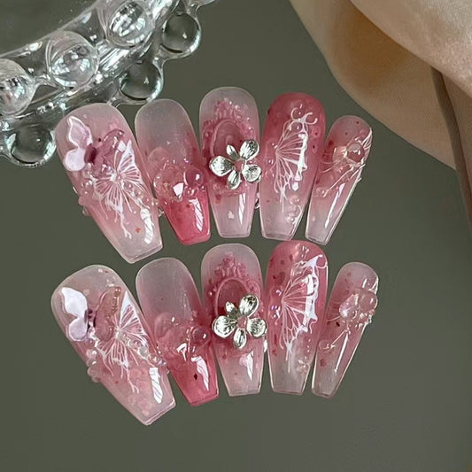 Nethong wear the same type of manicure finished patch, broken diamond ribbon butterfly removable false nail bride nail patch