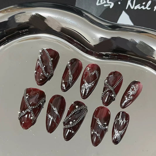 New Year's Christmas style shows white cow blood, red gemstone, high-grade nail enhancement, wear nail plate, custom light luxury bride nail paste