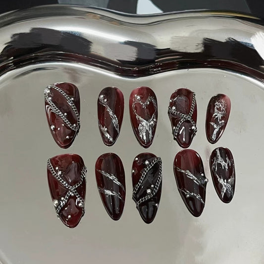 New Year's Christmas style shows white cow blood, red gemstone, high-grade nail enhancement, wear nail plate, custom light luxury bride nail paste