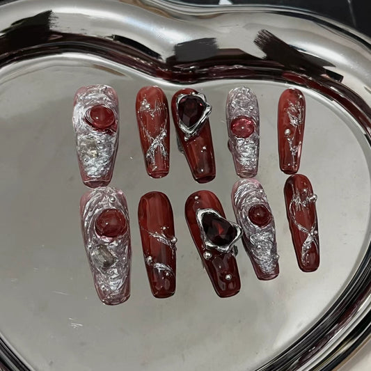 Handmade new y2k nail enhancement with wearing nail, sweet and cool, hot and hot girl style, red nail enhancement
