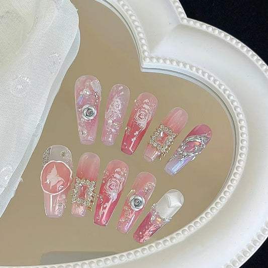 | Pink bubble | Pure manual wearing of finished nail patch temperament chain love nail removable