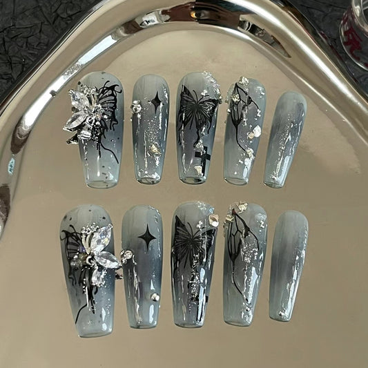 Dark black handmade customized wearing manicure dizzy butterfly irregular line hot girl false nail