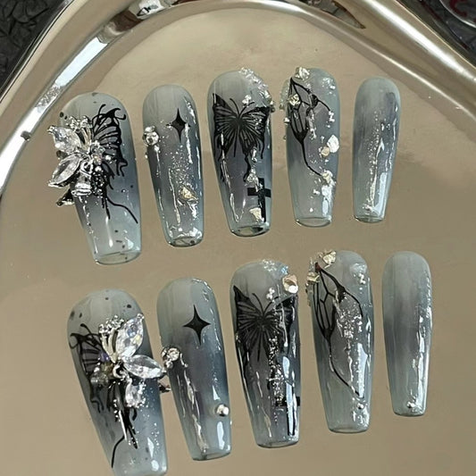 Dark black handmade customized wearing manicure dizzy butterfly irregular line hot girl false nail