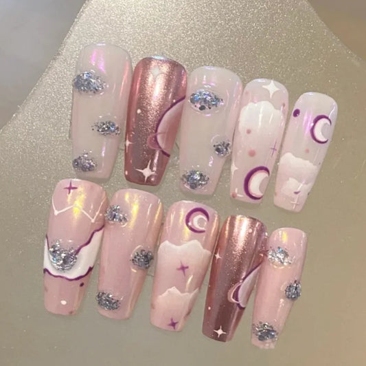 Wearing nail by hand, pure desire, French sweetheart, hot girl, love, half French removable nail patch with diamond
