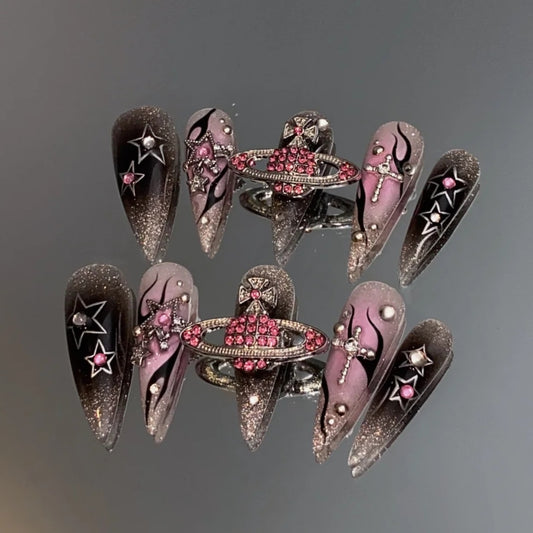 Cosmic Pink & Black Galaxy Nail Set