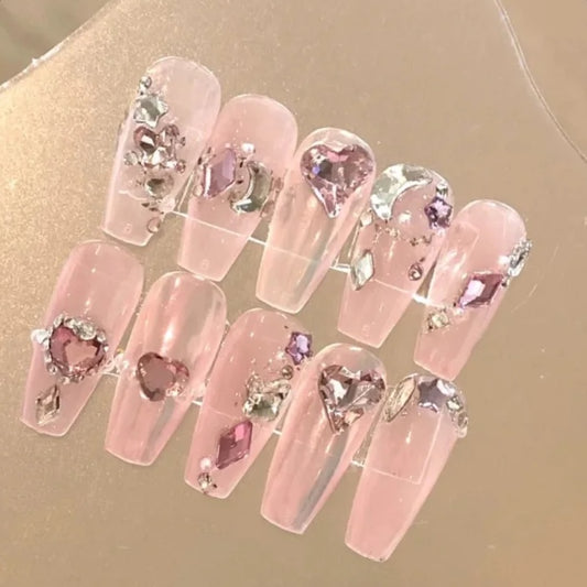 Artificial nails are worn by hand, showing white and pink French flash diamond rose lovers' manicure wedding nails are removable