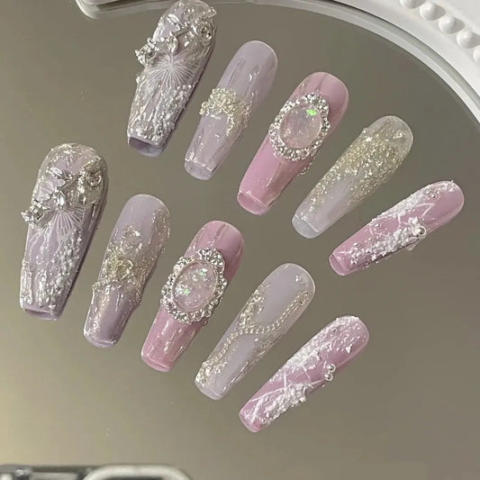 Purple pink butterfly moonlight stone opal wearing nail is handmade