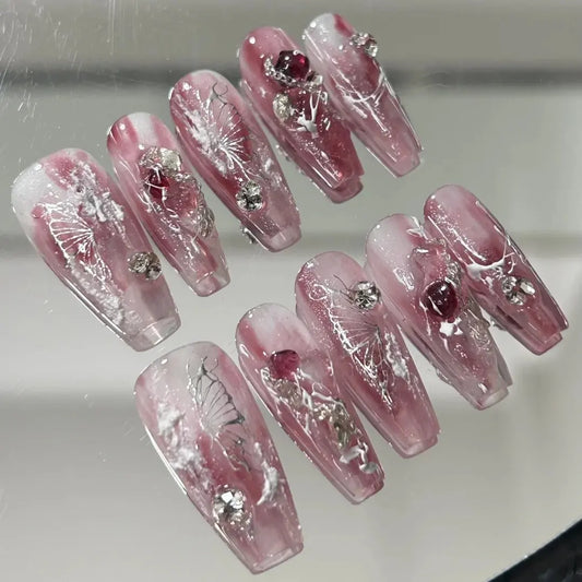 Sweetheart Butterfly Ice Penetrating Nail Enhancement Gradual Berry Pink Fairy Air Shining Diamond Gentle Wearing Nail Patch