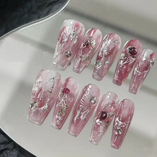 Sweetheart Butterfly Ice Penetrating Nail Enhancement Gradual Berry Pink Fairy Air Shining Diamond Gentle Wearing Nail Patch