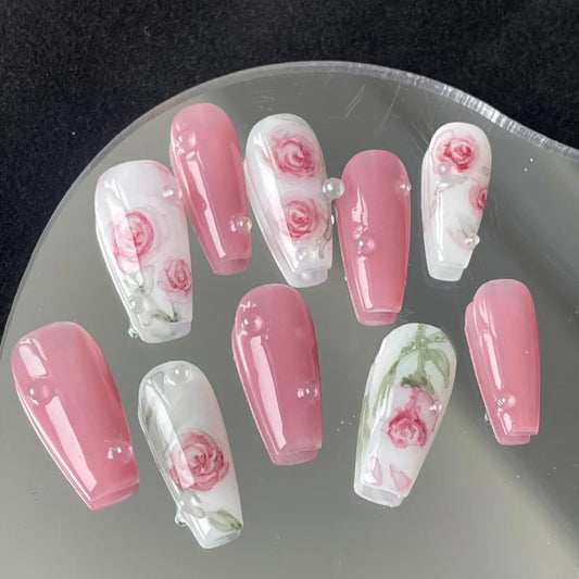 Hand-painted rose, hand-made manicure patch, elegant and white, removable and wearable manicure product