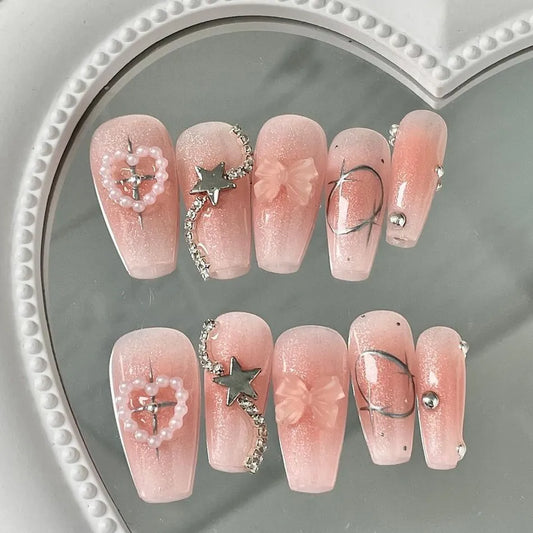 French Style Nail Wearing Premium Shiny Diamond White Light Luxury Nude Medium Length Nail Enhancement Finished Handmade Custom Nail Patch