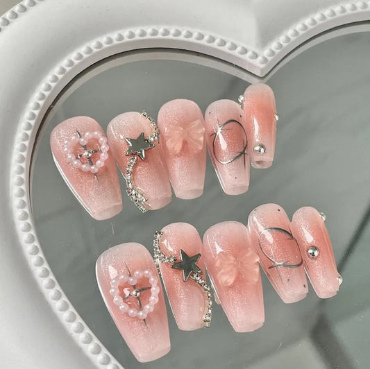 French Style Nail Wearing Premium Shiny Diamond White Light Luxury Nude Medium Length Nail Enhancement Finished Handmade Custom Nail Patch