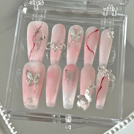 Silver Liquid Butterfly Cool powder blusher Nail Hot Girls Advanced Handmade Custom Bride Removable Nail Plate for Pregnant Women