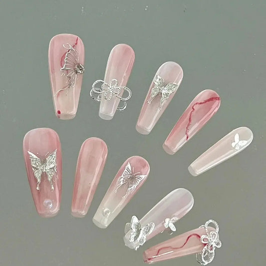 Silver Liquid Butterfly Cool powder blusher Nail Hot Girls Advanced Handmade Custom Bride Removable Nail Plate for Pregnant Women