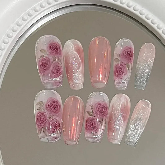 Oil Painting Rose Manor Watercolor Rose Nail Enhancement Wearing Pregnant Women Finished Nail Pieces Customized