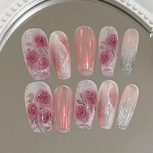 Oil Painting Rose Manor Watercolor Rose Nail Enhancement Wearing Pregnant Women Finished Nail Pieces Customized