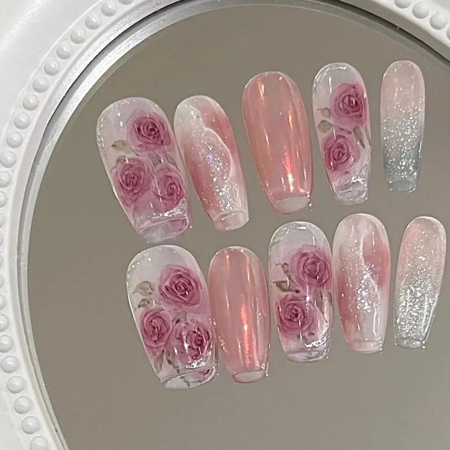 Oil Painting Rose Manor Watercolor Rose Nail Enhancement Wearing Pregnant Women Finished Nail Pieces Customized