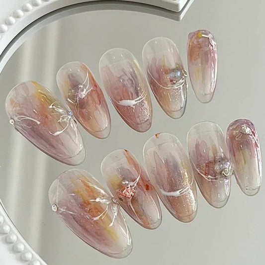 New Dream Nude Powder Halo Dyed Aurora Diamond Nail Patch Gentle Fairy Wearing Nail Enhancement Finished Handmade False Nail Patch