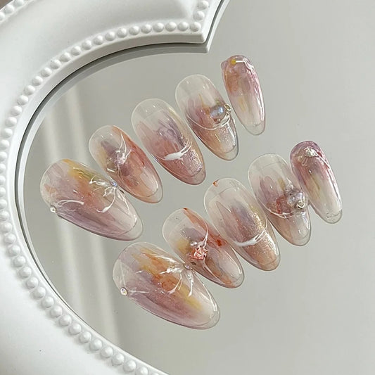 New Dream Nude Powder Halo Dyed Aurora Diamond Nail Patch Gentle Fairy Wearing Nail Enhancement Finished Handmade False Nail Patch