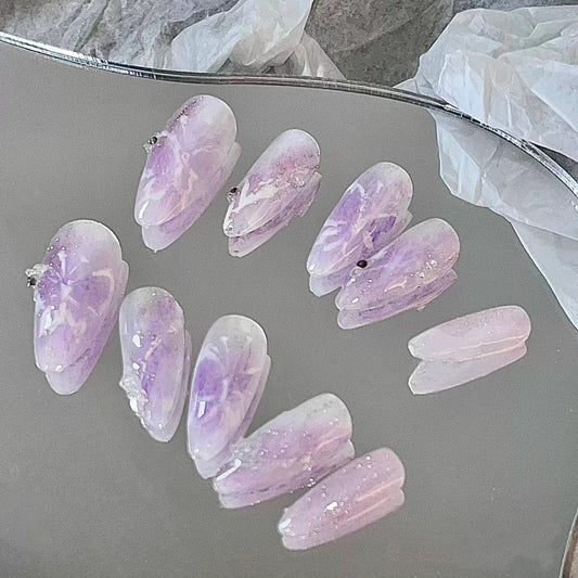 Spring Day Nail Enhancement Finished Soft Taro Purple Gradual Manual Nail Wearing Waterproof Detachable Nail Stick for Pregnant Women