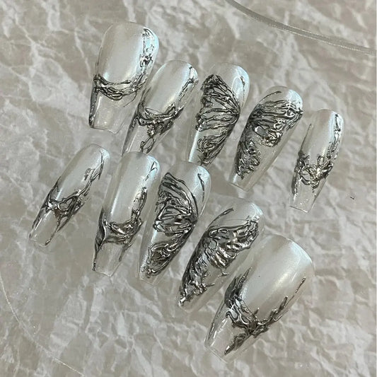 Silver mechanical metal technology, handmade nail enhancement, love diamond butterfly, high-end temperament, wearing armor
