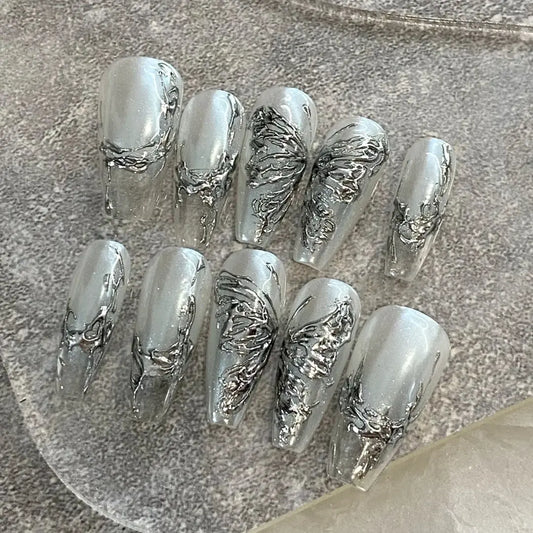 Silver mechanical metal technology, handmade nail enhancement, love diamond butterfly, high-end temperament, wearing armor