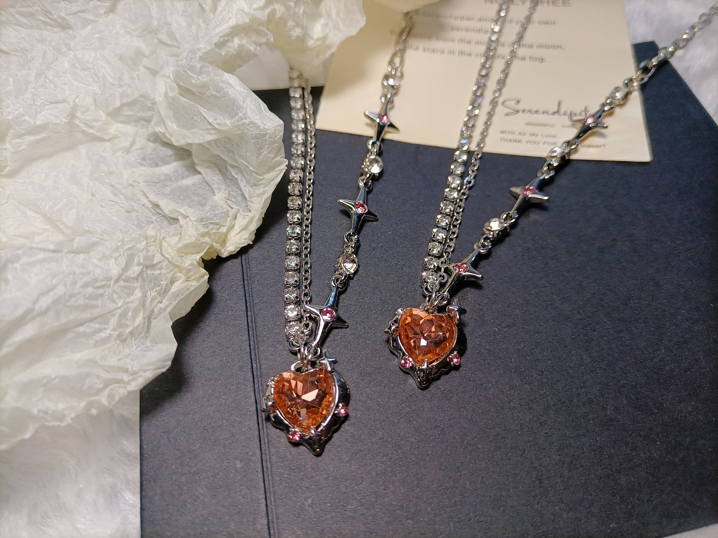 Hot girl orange diamond love star mango splicing diamond chain niche sweet cool silver plated necklace