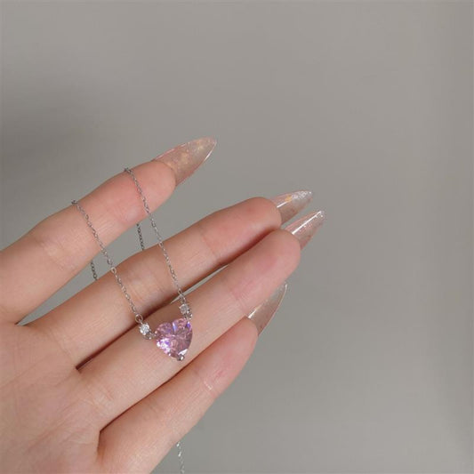 Pink Love Zircon Necklace Female Cool Peach Heart Collar Chain Korean Fashion Versatile Heart Neck Chain Necklace Accessories