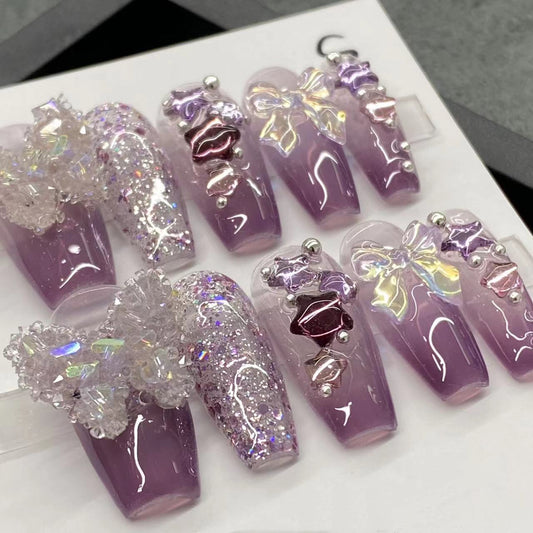 Pure manual nail wearing amethyst butterfly manual manicure false nail for students and pregnant women can use nail stickers for the new year