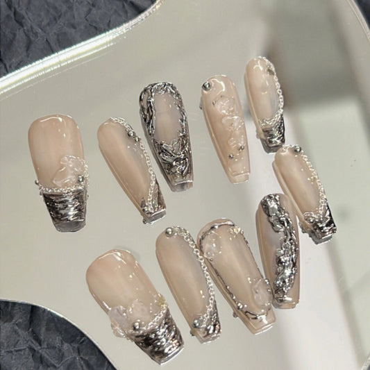 Haoyin | Cyberpunk liquid silver metal machine handmade nail enhancement advanced chain French style wearing nail
