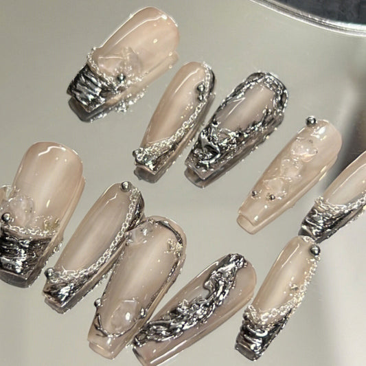 Haoyin | Cyberpunk liquid silver metal machine handmade nail enhancement advanced chain French style wearing nail
