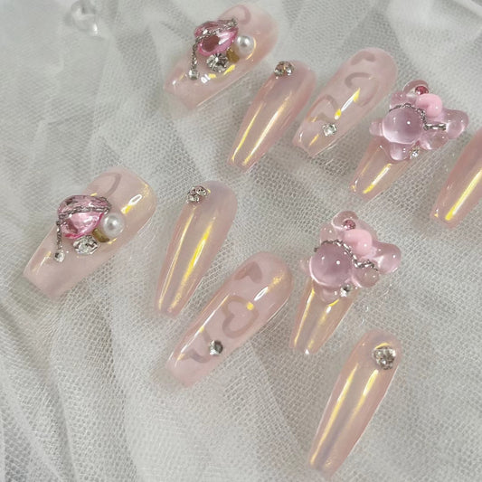 Handmade wearing nail finished fake nail patch summer bride nail enhancement powder glitter removable middle and long style