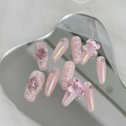 Handmade wearing nail finished fake nail patch summer bride nail enhancement powder glitter removable middle and long style